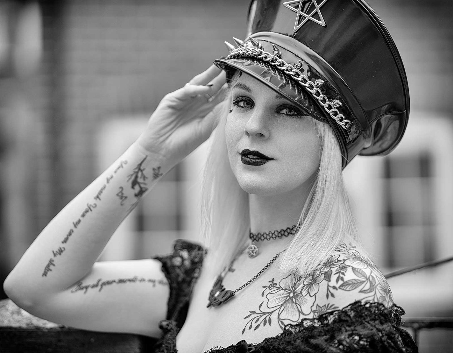 Black and white portrait of N J Barley taken at the Whitby Goth Weekend in April 2022